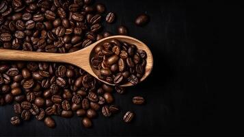 A spoon of roasted dried coffee beans studio shot good for product and marketing with some copy space or for background and backdrop. Flat lay, copy space, close up macro product and studio shot. photo