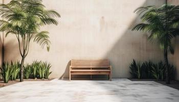 Natural minimalist backyard home with some garden and wooden bench a place to relax and sit. As background and backdrop. photo