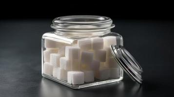 White sugar cube in a glass jar studio product shot photography presentation. photo