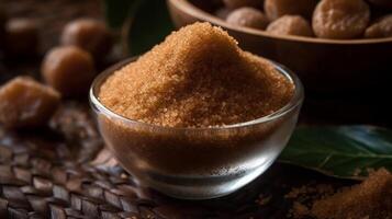 A bowl of brown sugar on white background copy space. studio shot presentation. photo