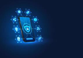 Smartphone technology with a shield on the front Mobile phones have privacy protection technology or data destruction attacks. It is a deterrent from losing or corrupting data. vector