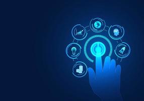 Businessman's finger is pressing the open button This Refers to modern business with the introduction of smart technology to help manage the company in order to grow its business beyond it competitors vector