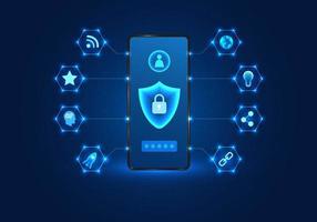 Smartphone technology with a shield on the front Mobile phones have privacy protection technology or data destruction attacks. It is a deterrent from losing or corrupting data. vector