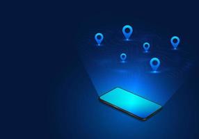 Map technology Available in smartphones, users can specify the location or share the location of the destination to travel. Technology that uses networks to collect data. save time and cost vector