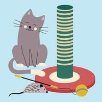 Set of elements for animals, cats, claw sharpener, toy mouse, ball on a stick, cute cat. vector