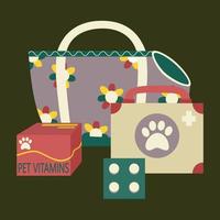 Set of elements for animals, cats, dogs, bag, carrier, medicine, first aid kit, vitamins. vector