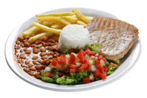 Rice, beans, grilled pork, salad and french fries png