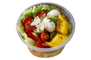 Fresh vegetable salad in an open plastic bowl packing png