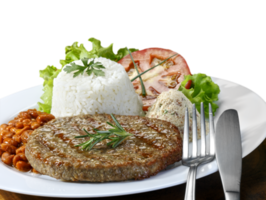 hamburguesa carne con arroz y ensalada png