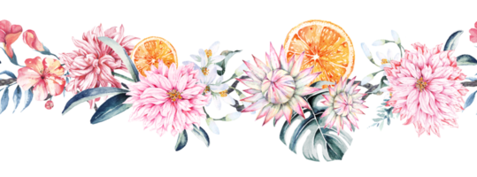 nahtlos Blume Grenze.Blumen Muster mit Blatt Chrysantheme und Orange .nahtlos botanisch Blumen- Rand, zum Karten, Hochzeit oder stoff.hand zeichnen mit Aquarell. png