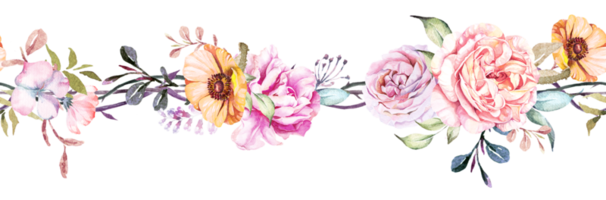 nahtlos Blume Grenze.Blumen Muster mit Blatt und rosa.nahtlos botanisch Blumen- Rand, zum Karten, Hochzeit oder stoff.hand zeichnen mit Aquarell. png