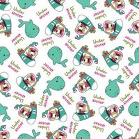 Seamless pattern of submarine with cute sailor under sea. Cute Marine pattern vector