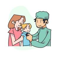 flat vector illustration, mother checking her child to the doctor. Doctor using a stethoscope examining the heart.