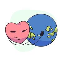 flat vector illustration, cute heart using stethoscope checking globe.