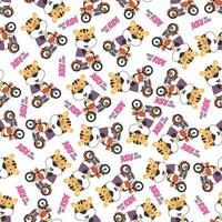 Seamless pattern texture with Cute little animal Riding motorcycle, Cartoon Vector Icon Illustration.