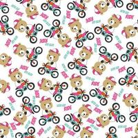 Seamless pattern texture with Cute little animal Riding motorcycle, Cartoon Vector Icon Illustration.