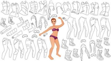 Snowboarding Coloring Page Paper Doll with Female Figure, Outfits, Hairstyles and Accessories. Vector Illustration