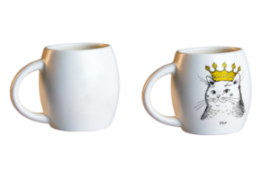 White cup isolate. Drawing of a cat in a crown. Written in Ukrainian Moore. Side view. Mockup template png