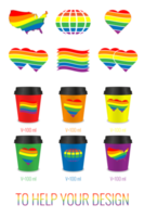 Set of illustrations of 100ml single layer paper cups with LGBT logos. Rainbow icon set. Help graphic designer. png