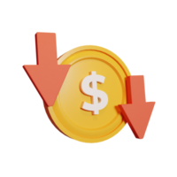 Gold coin reduction with dollar sign isolated transparent background 3d render icon design png