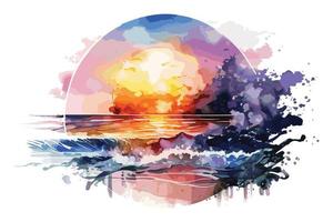 watercolor sunset at the beach illustration for social media ads, posters, banners, and book covers design vector