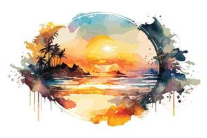 watercolor sunset at the beach illustration for social media ads, posters, banners, and book covers design vector