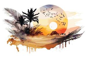 watercolor sunset at the beach illustration for social media ads, posters, banners, and book covers design vector