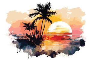 watercolor sunset at the beach illustration for social media ads, posters, banners, and book covers design vector