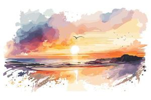 watercolor sunset at the beach illustration for social media ads, posters, banners, and book covers design vector