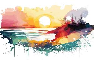 watercolor sunset at the beach illustration for social media ads, posters, banners, and book covers design vector