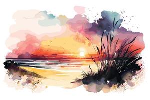 watercolor sunset at the beach illustration for social media ads, posters, banners, and book covers design vector