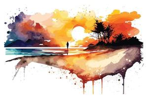 watercolor sunset at the beach illustration for social media ads, posters, banners, and book covers design vector