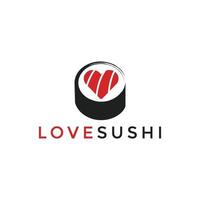 Sushi roll with heart shape salmon and Love Sushi text. Vector illustration for logo design