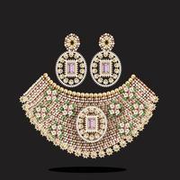 Illustration set jewelry gold vintage necklace with precious stones earrings. vector