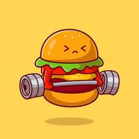 Cute Burger Lifting Dumbbell Cartoon Vector Icon Illustration. Food Healthy Icon Concept Isolated Premium Vector. Flat Cartoon Style