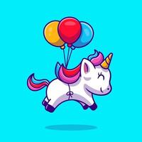 lindo unicornio flotando con ilustración de icono de vector de dibujos animados de globo. concepto de icono de amor animal vector premium aislado. estilo de dibujos animados plana