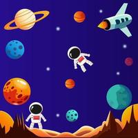 Vector space illustration. Space vector background with rocket, spaceship, moon, satellite, astronaut, planets, and stars