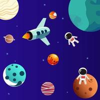 Vector space illustration. Space vector background with rocket, spaceship, moon, satellite, astronaut, planets, and stars