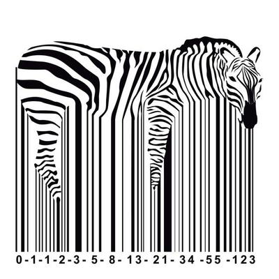design for t-shirt of a zebra mixed with a barcode. finbonacci code numbering