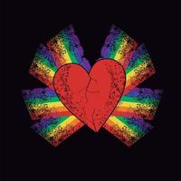 T-shirt design of a red heart and a rainbow on a black background. vector illustration for gay pride day