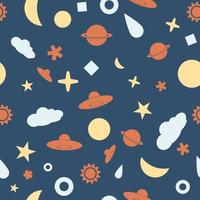 modelo de un cielo a noche con ovni,estrella,nube,sol,luna,saturno,lluvia gota, mitad luna,hielo y geometría en blanco, naranja, amarillo y oscuro azul antecedentes elemento, vector
