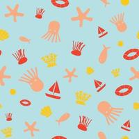 pattern in Summer time at the sea theme with squid,fish,sailboat,starfish,bubble,coral,shell,calm,swim tube and seaweed in red,orange,yellow and light blue background element, Vector