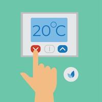 Electronic thermostat with screen for floor heating. The person's hand presses the temperature and climate control button. isolated vector illustration