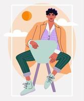 Handsome young man sitting on a chair. Self confident guy in retro futuristic style. vector