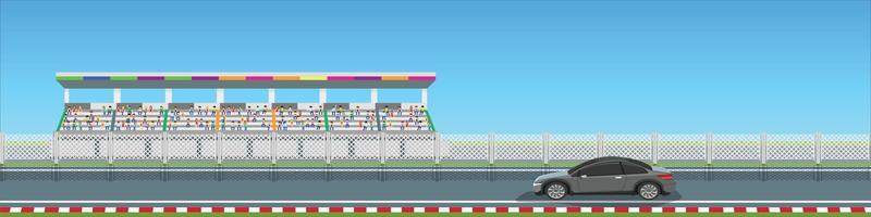 Sport car black color on race track of for banner. Background of stadiums and cheerleaders. With background of clear. Copy Space Flat Vector Illustration.