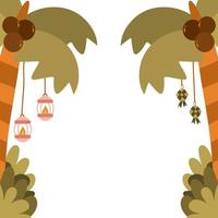 A cartoon image of a palm tree or coconut tree with a candle lantern rice cake ketupat on it vector