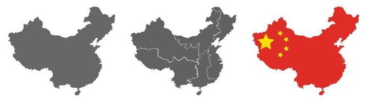 Map of China set with grey, black, flag isolated. Transparent background vector