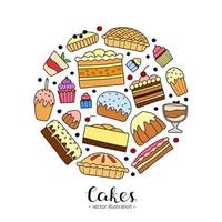 Doodle cakes in circle. vector
