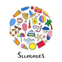 Doodle summer items in circle. vector