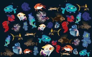 Vector illustration of tropical colorful fish on the dark background